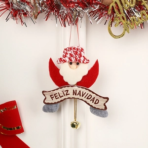 Cute plush Santa Claus hanging ornament with Feliz Navidad banner and golden bell