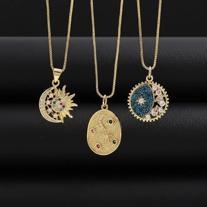 Golden sun moon and star necklaces with zircon inlays on textured black leather