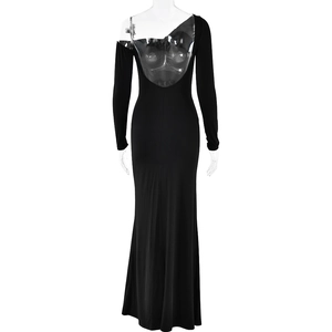 Detail of sexy backless maxi dress featuring sheer mesh panels and long sleeves