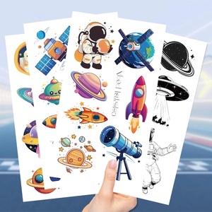 Space themed temporary tattoos featuring astronauts, planets, and rockets for kids parties