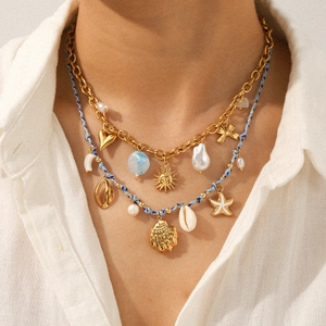 Boho Stainless Steel Necklace 18K Gold Plated Shell Starfish Heart Artificial Pearl Pendant Woven Rope Beach Jewelry Women