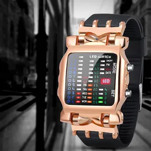 Binary LED Watch Matrix Digital Display Alloy Case PU Strap Fashion Cyberpunk Unisex Electronic Time Date