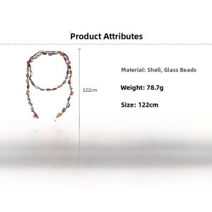 Detailed view of bohemian long necklace featuring colorful shells and glass beads