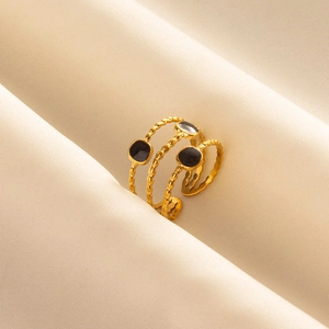 Three-layer gold stainless steel open ring with black square enamel stones on silk