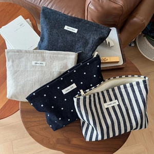Set of four cotton canvas makeup bags with stripes, polka dots and solid patterns
