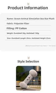 Infographie du jouet haltère en peluche montrant le tissu polyester et le rembourrage coton