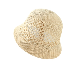Elegant beige straw sun hat with breathable diamond hollow knit pattern for women