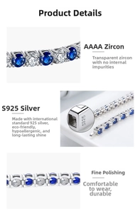 Macro detail of S925 sterling silver tennis chain featuring AAAA blue and white zircon stones