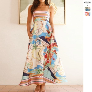 Spaghetti Strap Maxi Dress Polyester Abstract Map Print High Waist With Pockets Vacation Summer For Women Elegant