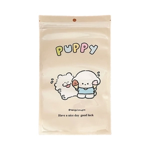 Cute beige puppy cartoon resealable plastic storage bag with PUPPY print and top seal