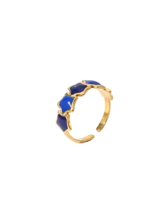 Macro view of five blue enamel stars on an 18k gold plated adjustable ring