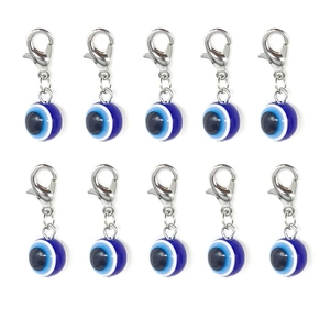 Set of 10 blue resin evil eye charms with silver lobster clasps for DIY jewelry making