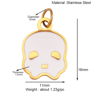 Technical drawing of a gold and white skull pendant with detailed size measurements