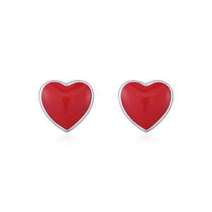 Elegant S925 silver heart stud earrings with glossy red enamel finish for women