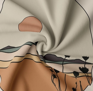 Macro shot showing the soft woven fabric texture and Morandi abstract landscape print
