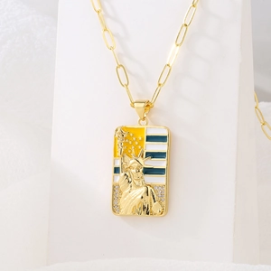 Gold-plated rectangular Statue of Liberty necklace with colorful enamel and zircon stones
