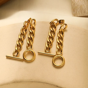 Macro shot of 18K gold plated stainless steel chain earrings with OT buckle detail