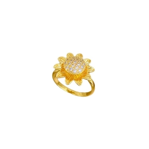 Minimalist gold sunflower ring with white sparkling stones and adjustable open band