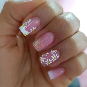 Press On Nails French White Gradient Pink Glitter Daisy Flower Pattern Sweet Simple Style Full Cover Artificial Fingernails