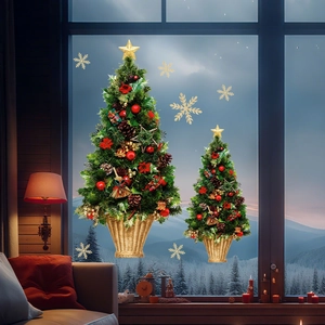 Christmas tree window decals with snowflakes and festive ornaments on a glass window pane