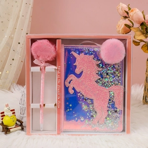 Dreamy unicorn plush notebook gift set with sequin cover and furry pom-pom pen