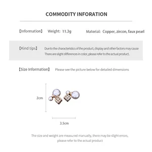 Size guide for square zircon pearl earrings showing 11.3g weight and 2x3.5cm dimensions