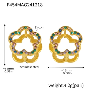 Detail view of 15mm 18K gold plated stainless steel flower earrings with zircon inlays