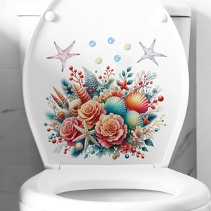 Sticker pour abattant de WC motif marin avec coraux, coquillages et fleurs élégantes