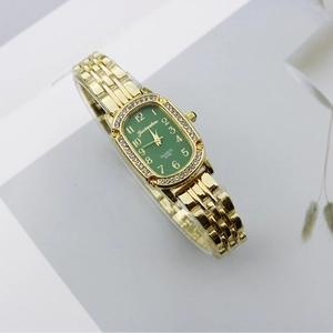 Women Quartz Watch Elegant Oval Rhinestone Bezel Alloy Case Stainless Steel Strap Arabic Numerals Waterproof Fashion Wristwatch