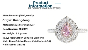 Detailed view of S925 sterling silver ring featuring a 3x5mm pink pear cut gemstone