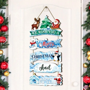 5-tier wooden Christmas hanging sign with reindeer and Santa Claus on white door