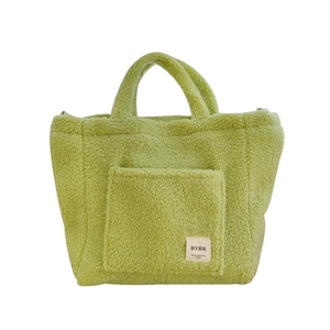 Large light green faux shearling tote bag with fuzzy texture and front pocket