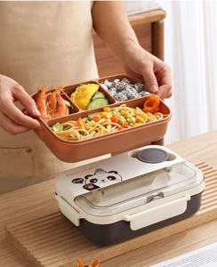 Detail of five-compartment bento box with panda lid and built-in utensil storage