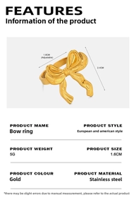 Detailed size specifications for a gold adjustable stainless steel bow ring with measurements