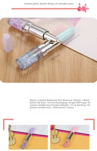 Detailed view of lipstick-shaped gel pen with flowing sequins and dimensions of 10.1cm