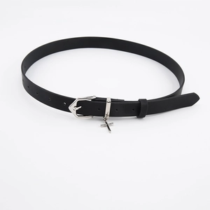 Black leather belt with silver buckle and cross pendant on a white background