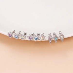 Set of 9 stainless steel stud earrings featuring heart, star, and rhombus zircon shapes