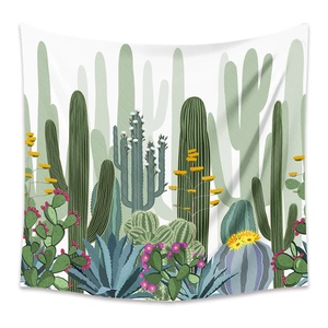 Detailed close-up of a cactus tapestry fabric with artistic desert plant illustrations