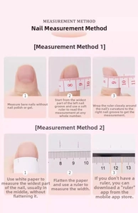 Size guide with two methods to measure nail width using a ruler for handmade press-on nails