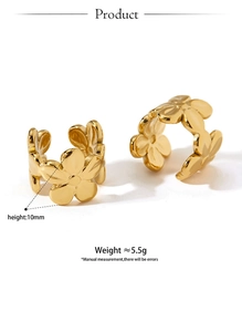Detail view of 10mm gold flower ear cuffs showing precise dimensions and weight
