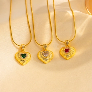 18K Gold Plated Stainless Steel Heart Pendant Necklace Emerald Ruby Zirconia Inlaid Snake Bone Chain Jewelry For Women