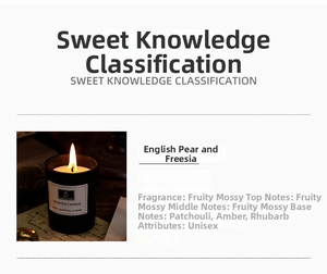 Detail view of Pear & Freesia scented candle in black glass with fragrance notes