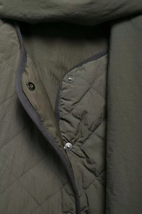 Close-up of olive green quilted jacket detail featuring metal snap buttons and seams