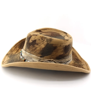 Vintage khaki western cowboy hat with distressed texture and beaded rope band detail