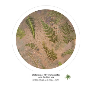 Macro detail of waterproof PET vintage fern leaf sticker with realistic water drop texture