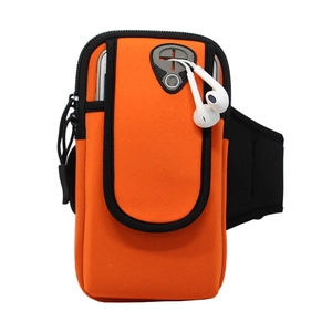 Orange neoprene running armband with dual zippers and headphone jack for smartphones