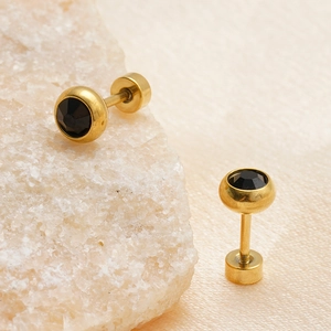 Élégantes boucles d'oreilles en acier inoxydable doré avec pierre ronde noire facettée
