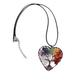 Handmade tree of life heart pendant necklace with colorful natural gemstones and black cord