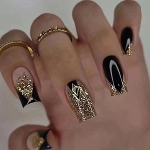 Black And Gold Glitter Press On Nails French V Shape Artificial Fake Nails Chic Glossy Trendy For Women