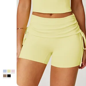 Damen High Waist Geraffte Yoga Shorts Nylon Elasthan Umklappbarer Bund Kordelzug Workout Laufen Sport Bottom Activewear Shorts